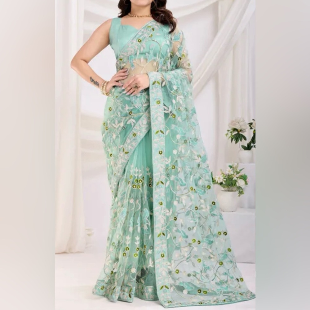 Elegant Floral Embroidered Saree in Mint Green with Top